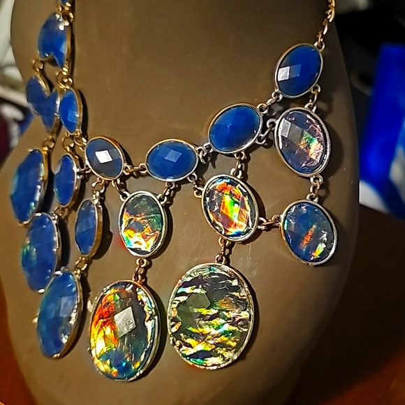 Blue Ocean & Green Turquoise Opalscent  Statement Necklace, Adjustable Length - Picture 8 of 8